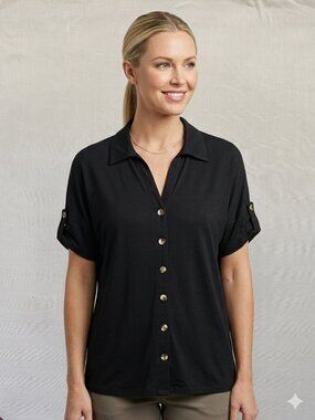 Coin 1804 Los Angeles Black Short Sleeve Button Down Top Roll Tab Size M - USA